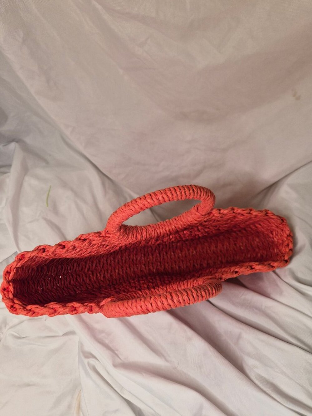Coral Orange Woven Straw Half Moon Tote Bag Round Top Handle Summer Beach Boho - Picture 3 of 6
